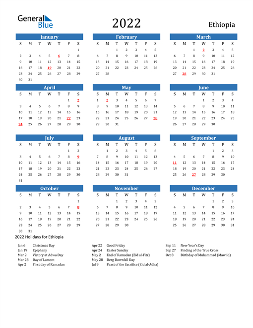 Ethiopia Calendars With Holidays with Time And Date Calendar 2022 Printable