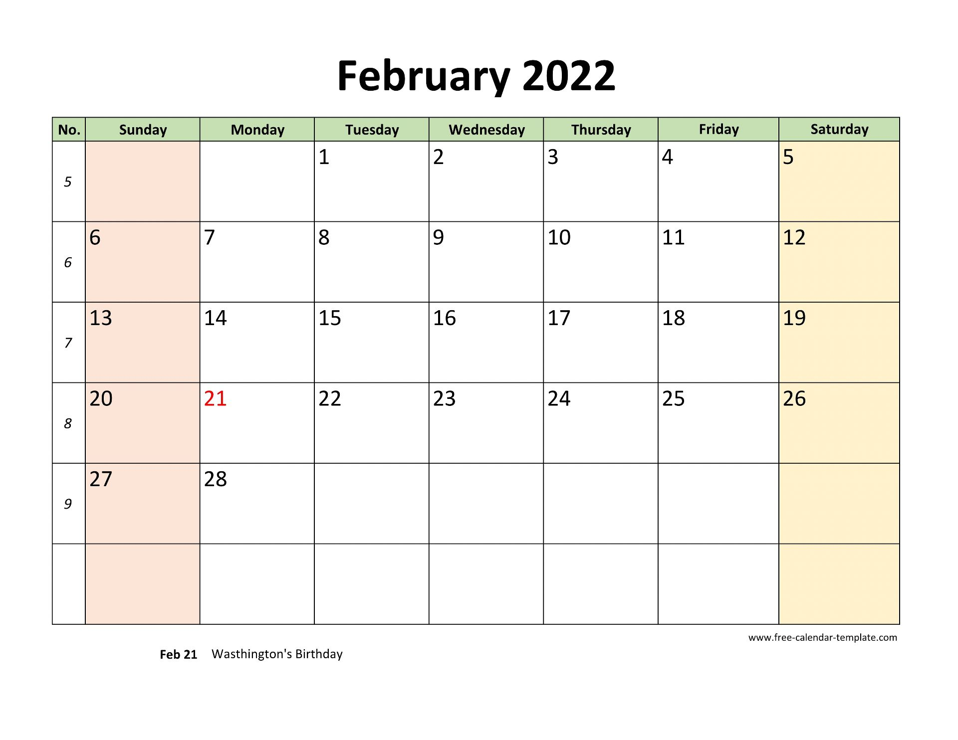February 2022 Calendar Printable With Coloring On Weekend (Horizontal with Start Of Nanakshahi Calendar 2022