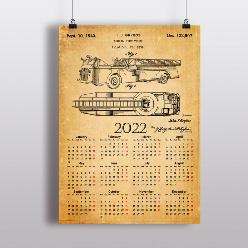 Firefighters Truck Patent Calendar 2022 Fire Truck Desk | Etsy for Firefighter Calendar 2022 Printable