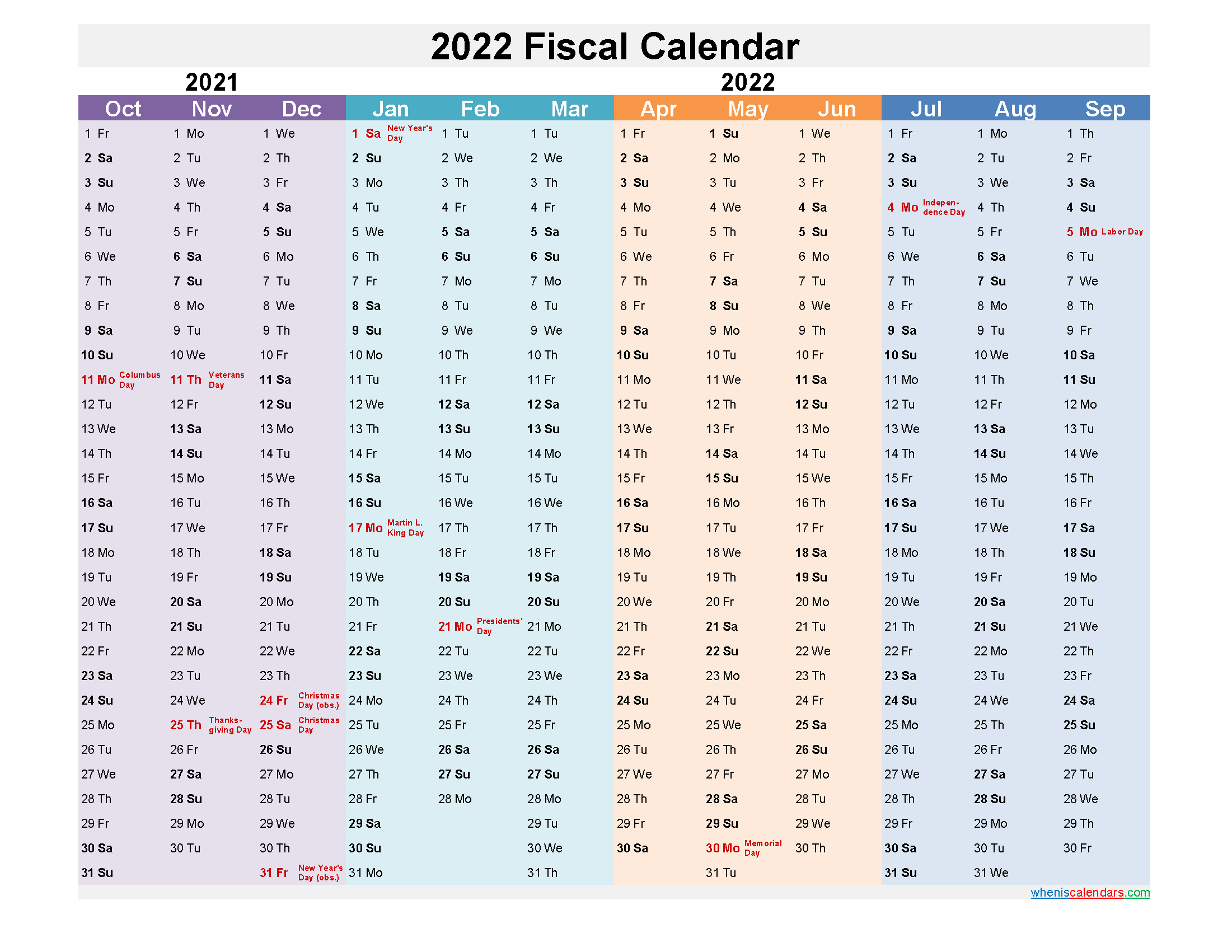 Fiscal Year Calendar 2022 Template No.fiscal22Y12 pertaining to Federal Government Calendar 2022 Printable