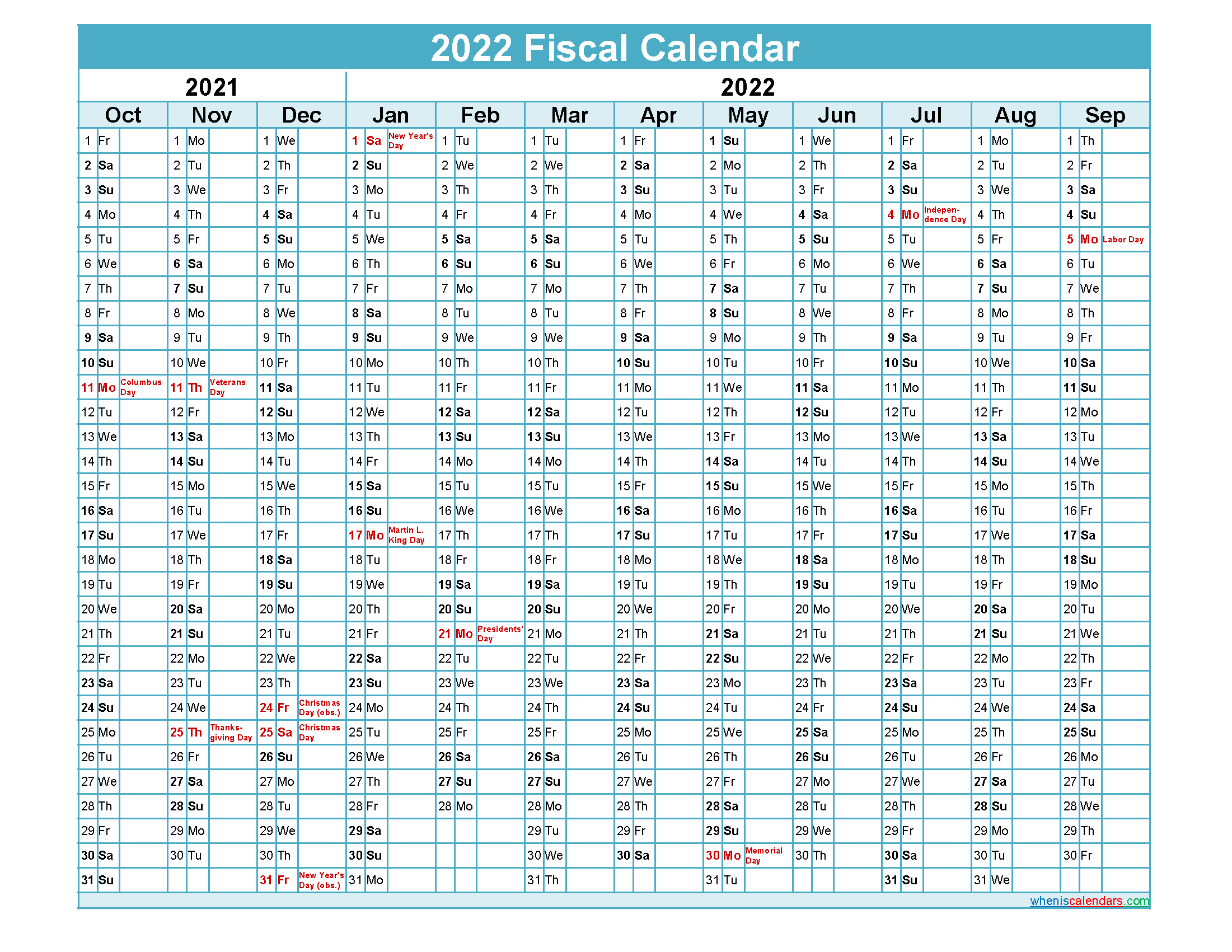 Fiscal Year Calendar 2022  Template No.fiscal22Y44 for Fiscal Year Calendar 2022 2022 Printable
