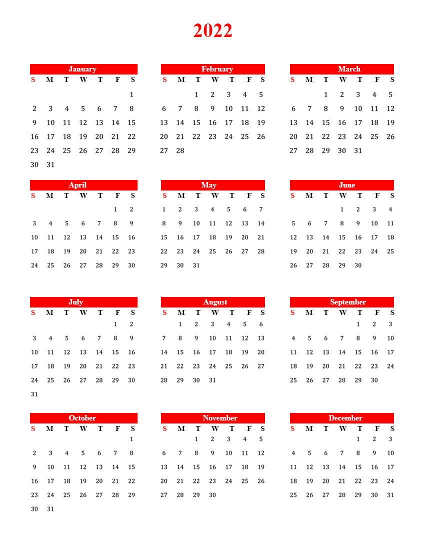Free Blank Calendar 2022 Template In Pdf within Blank 2022 Calendar Printable Free Pdf