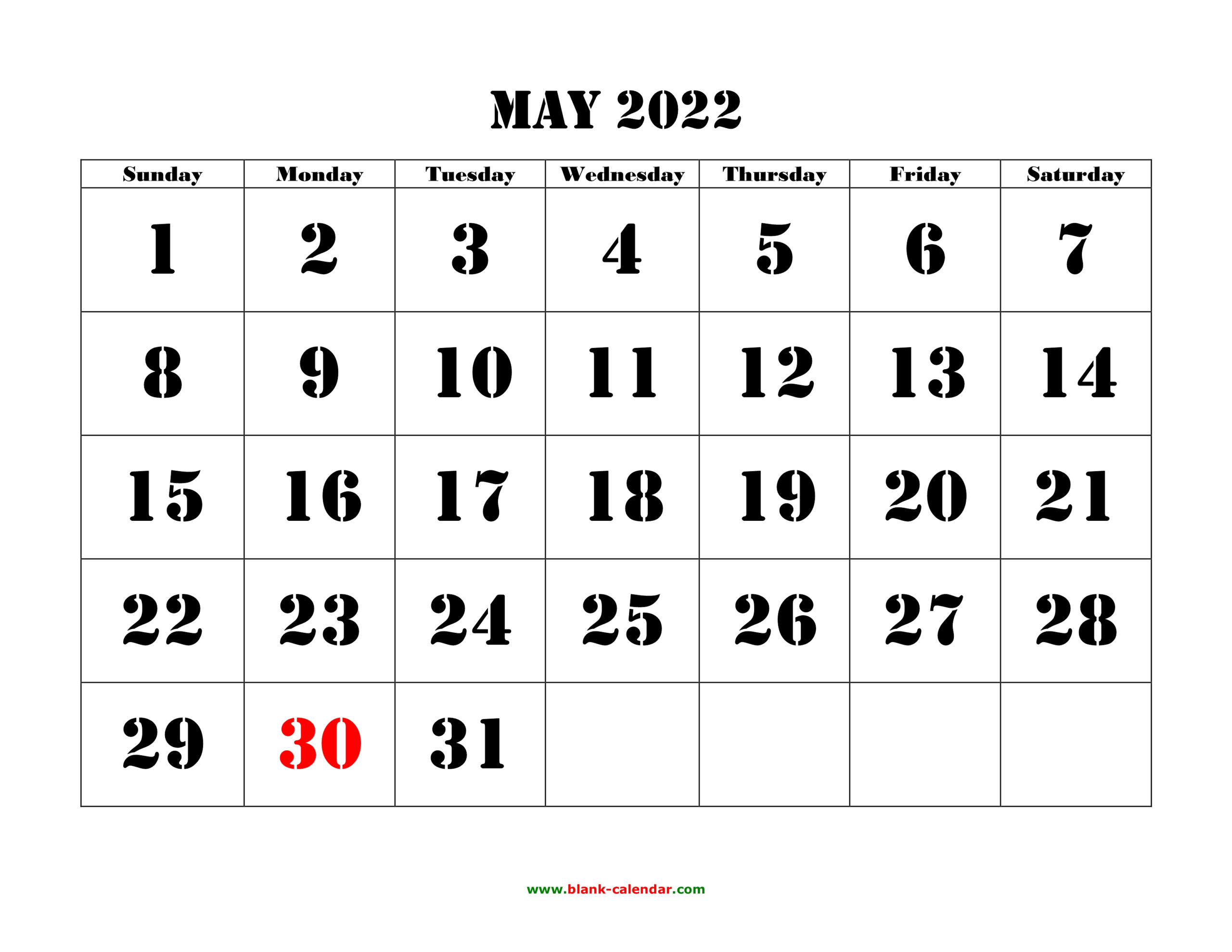 Free Download Printable May 2022 Calendar, Large Font Design , Holidays for Blank 2022 Calendar Printable Free Pdf
