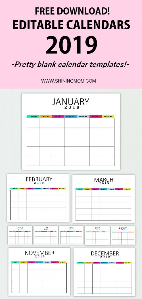 Free Editable Blank Calendar 2019: Colorful Monthly Template with regard to Free Editable Calendar Templates Printable