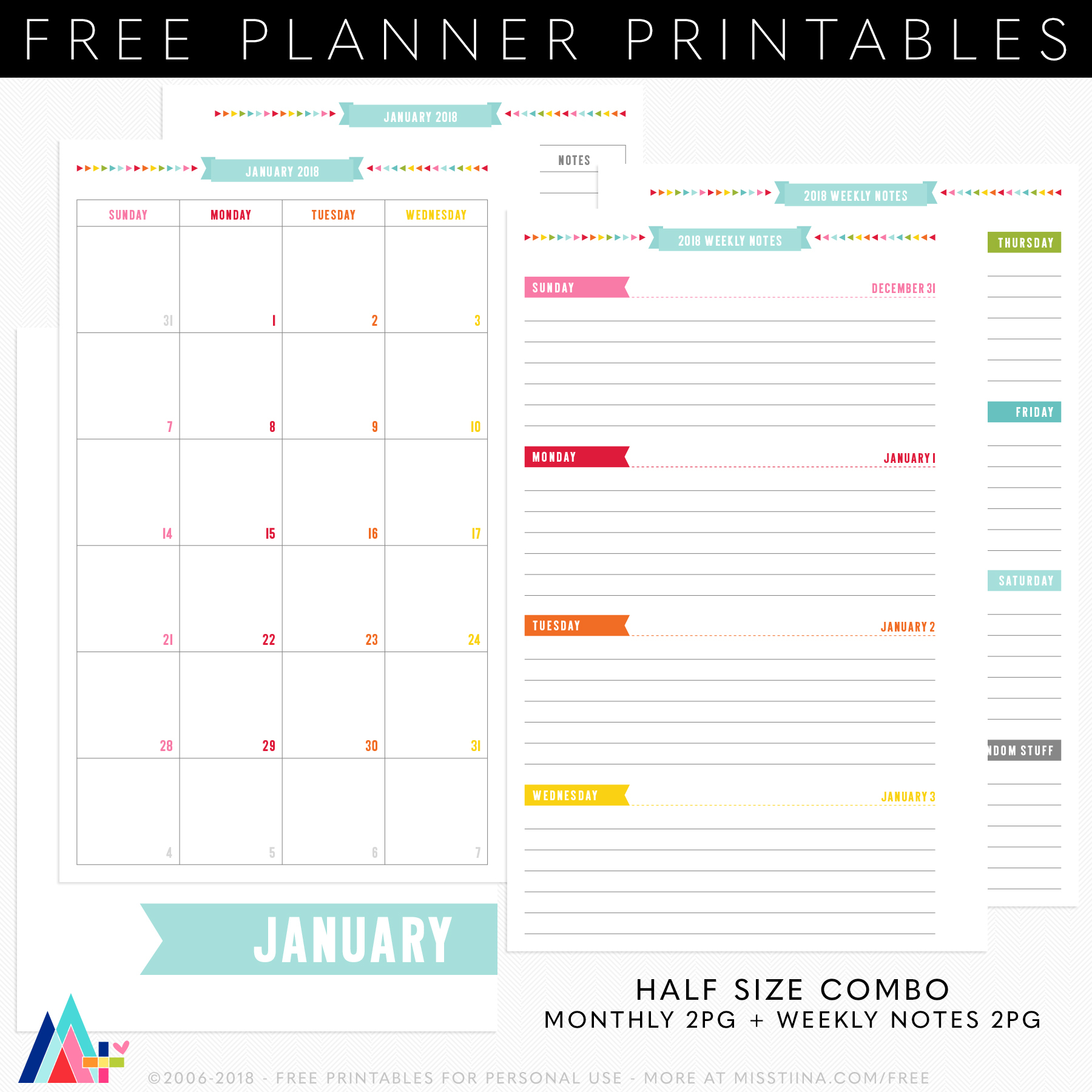 Free Half Size Planner Combo January 2018 with regard to Half Size Monthly Printable Calendar