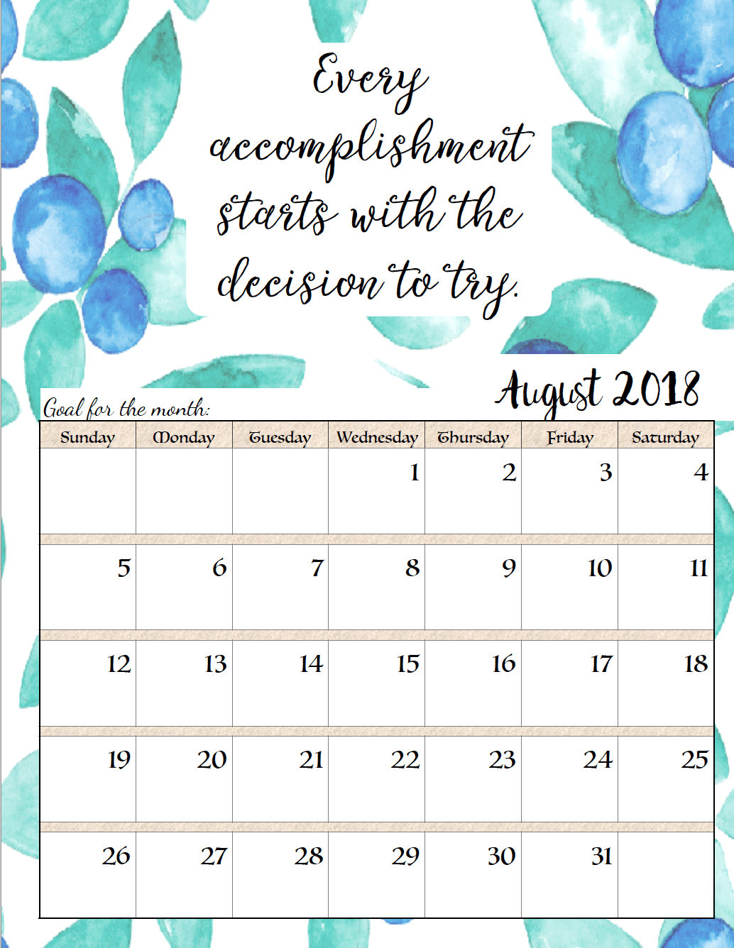 Free Printable 2018 Monthly Motivational Calendars. Space For Setting inside March 2023 Motivational Quote Printable Clander