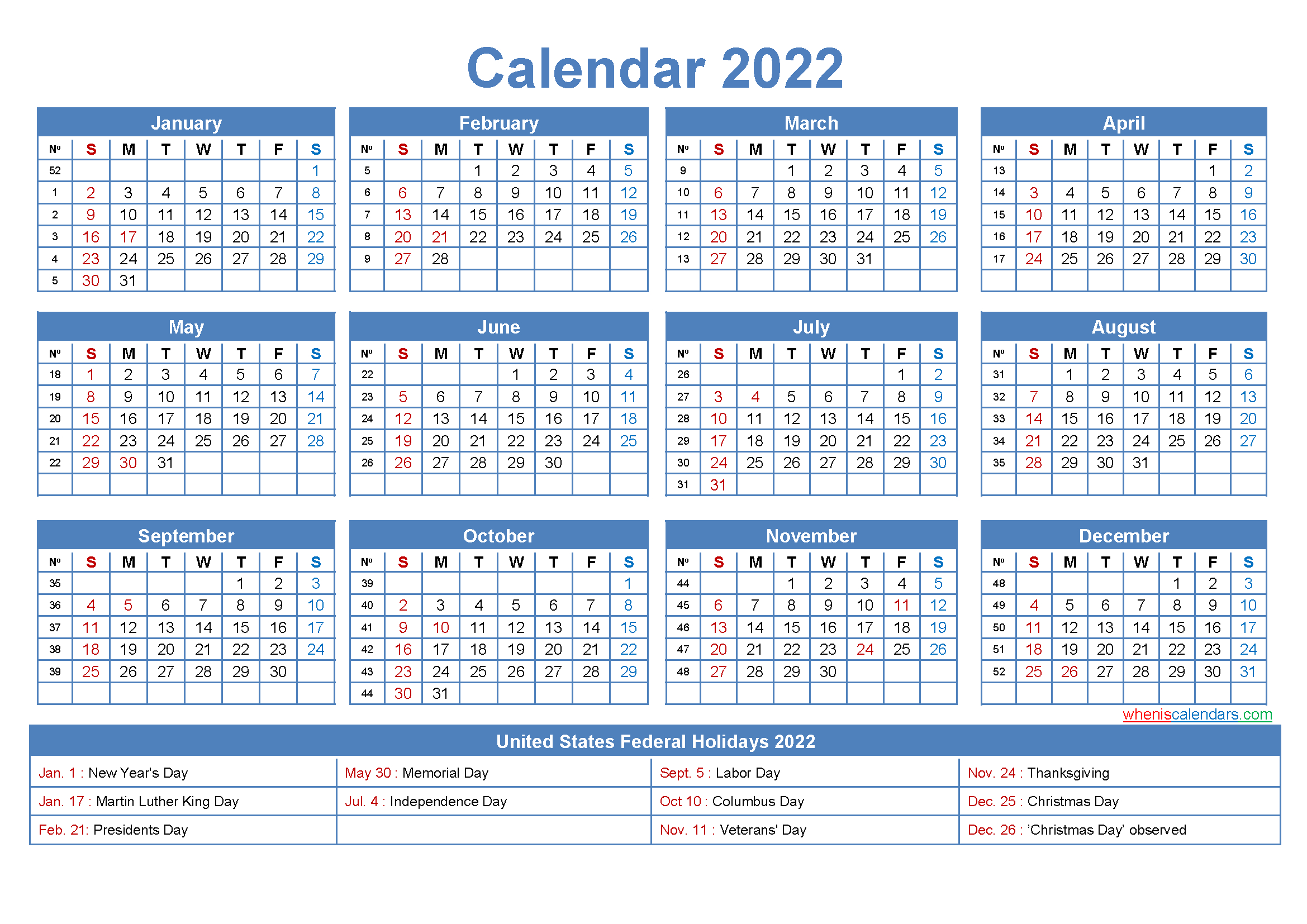 Free Printable 2022 Calendar With Holidays As Word, Pdf inside Fiscal Year Calendar 2022 2022 Printable