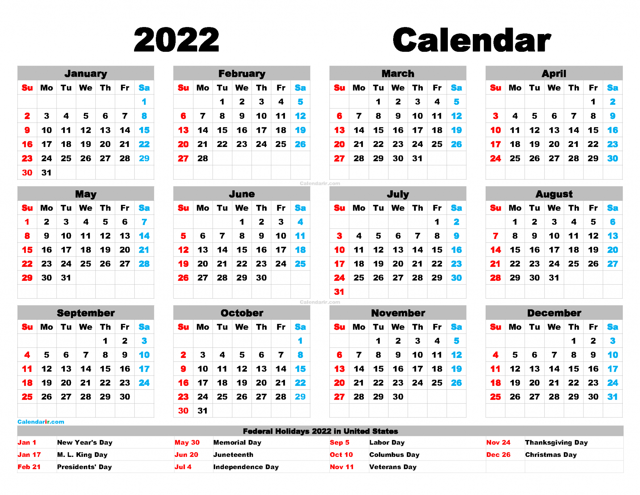 Free Printable 2022 Calendar With Holidays Pdf, Png inside 2022 Wall Calendar Printable Free