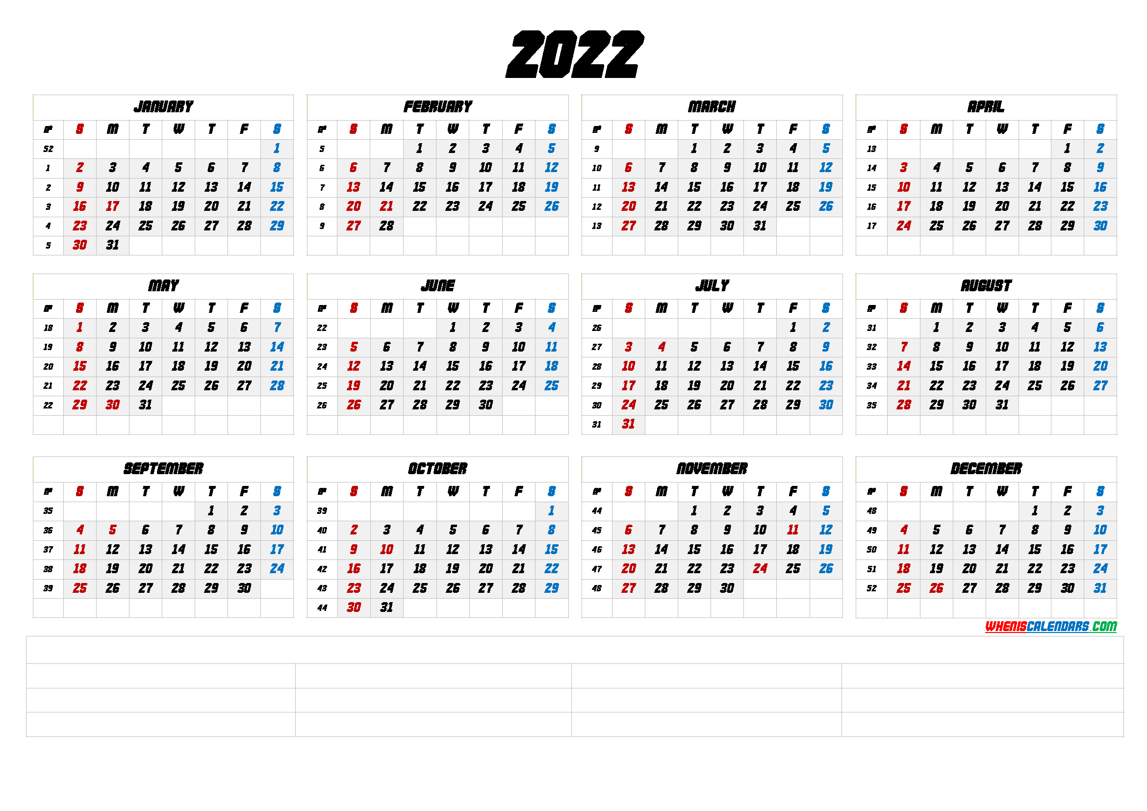 Free Printable 2022 Yearly Calendar With Week Numbers (6 Templates) throughout Calendar By Calendar Week 2022