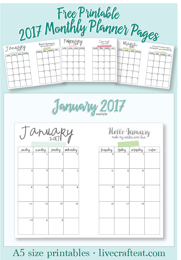 Free Printable A5 2017 Monthly Calendars | Live Craft Eat regarding Half Size Monthly Printable Calendar