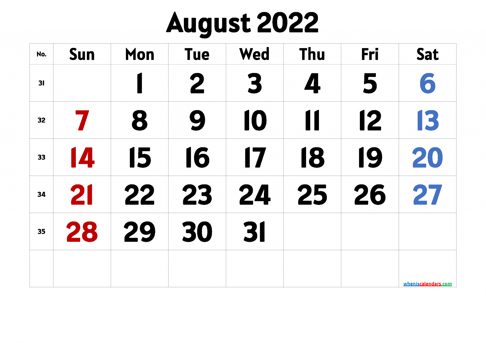 Free Printable Calendar August 2022 With Week Numbers for August 2022 Printable Calendar