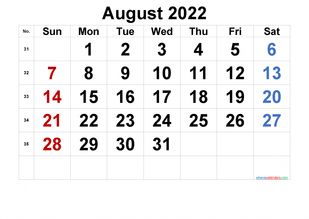 Free Printable Calendar August 2022 With Week Numbers inside August 2022 Printable Calendar