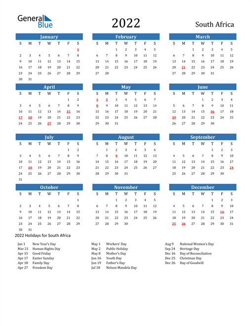 Free Printable Calendar In Pdf, Word And Excel South Africa with regard to 2022 Yearly Calendar Template Word School Holidays South Australia