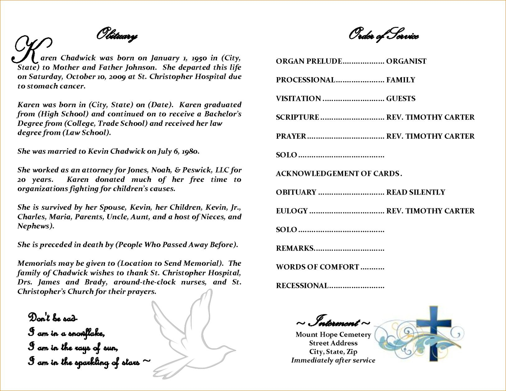 Free Printable Obituary Templates ~ Addictionary pertaining to Free Blank Printable Programs