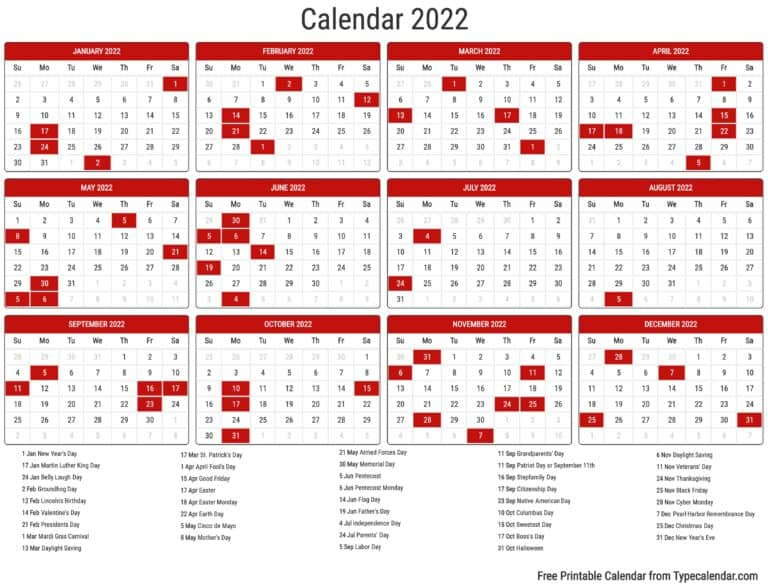 Free Printable Year 2022 Calendar | Type Calendar for Printable Nfl Schedule 2022 2022 Calendar Printables