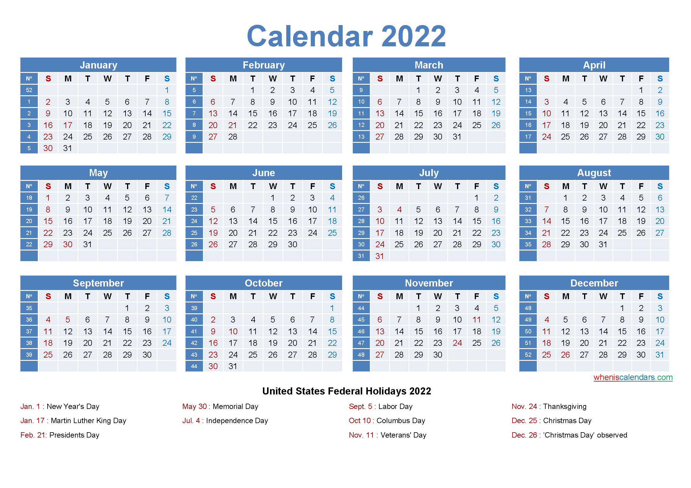 Free Printable Yearly 2022 Calendar With Holidays As Word, Pdf in 2022 Fiscal Calendar Printable