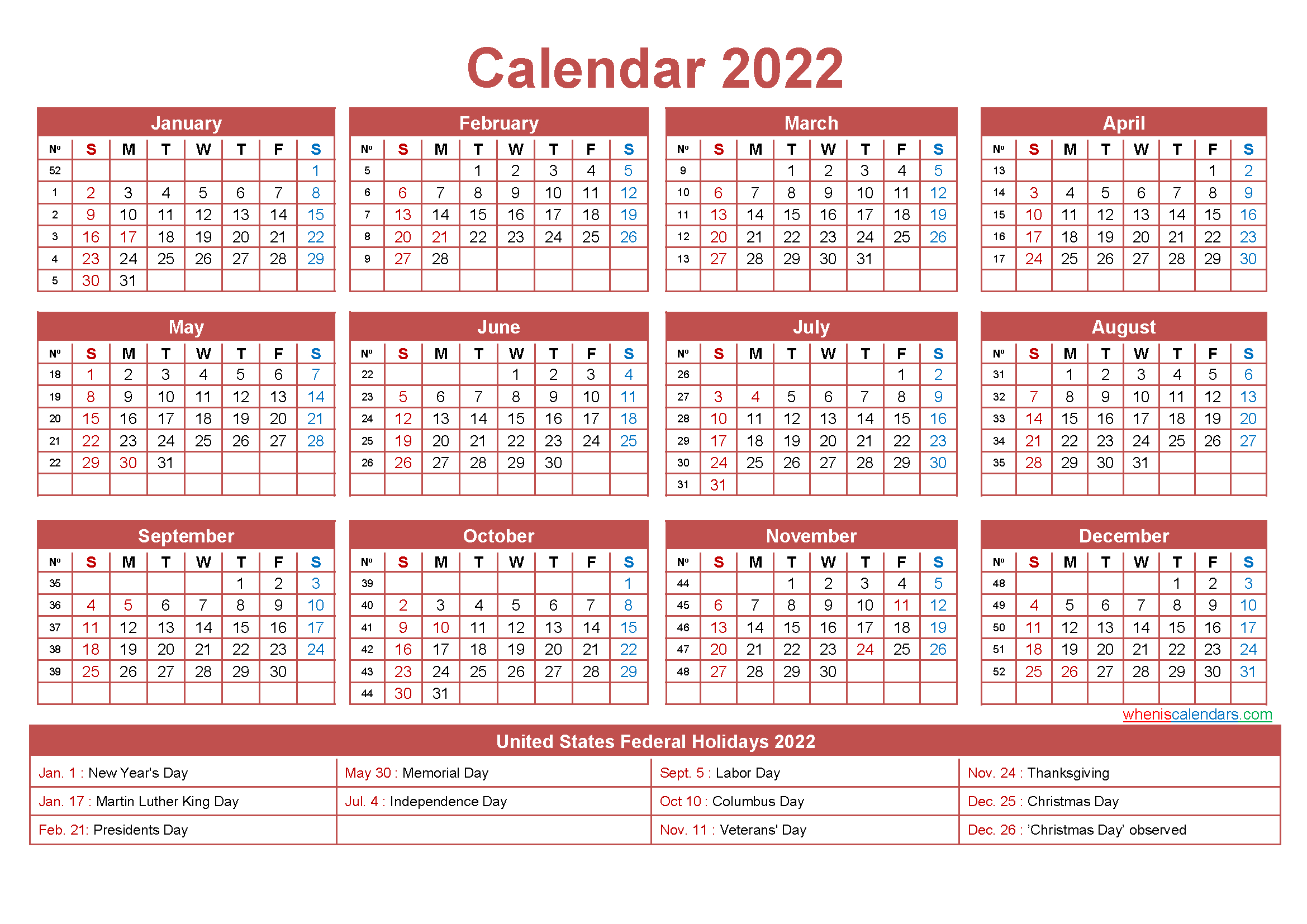 Free Printable Yearly 2022 Calendar With Holidays As Word, Pdf with regard to Free Printable Calendar Quarterly 2022