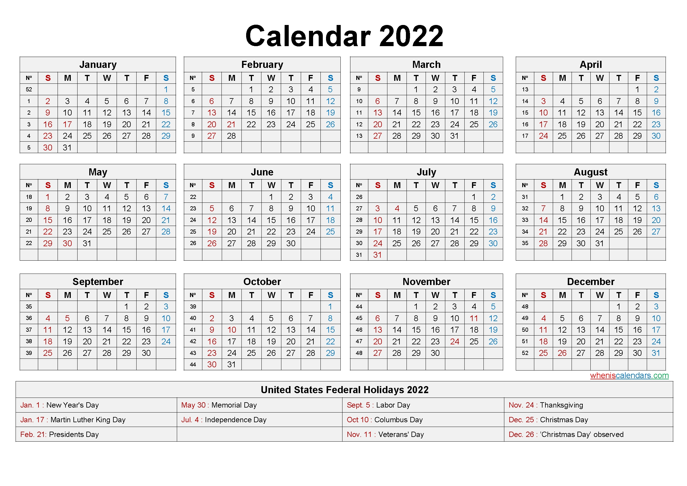Free Year 2022 Calendar In Excel  Get Your Calendar Printable in Year At A Glance Calendar 2022