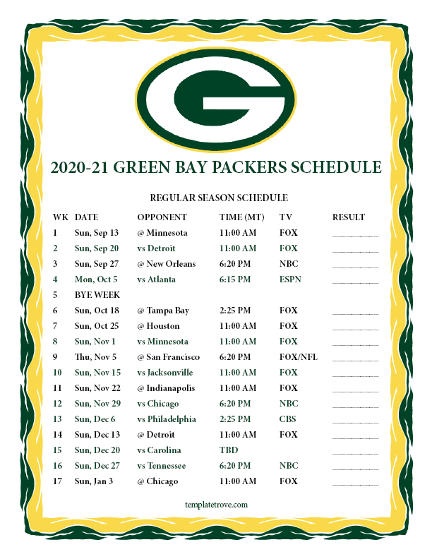 Green Bay Packers Schedule 2021 20 Printable  Printableschedule with Nfl Regular Season Schedule Printable