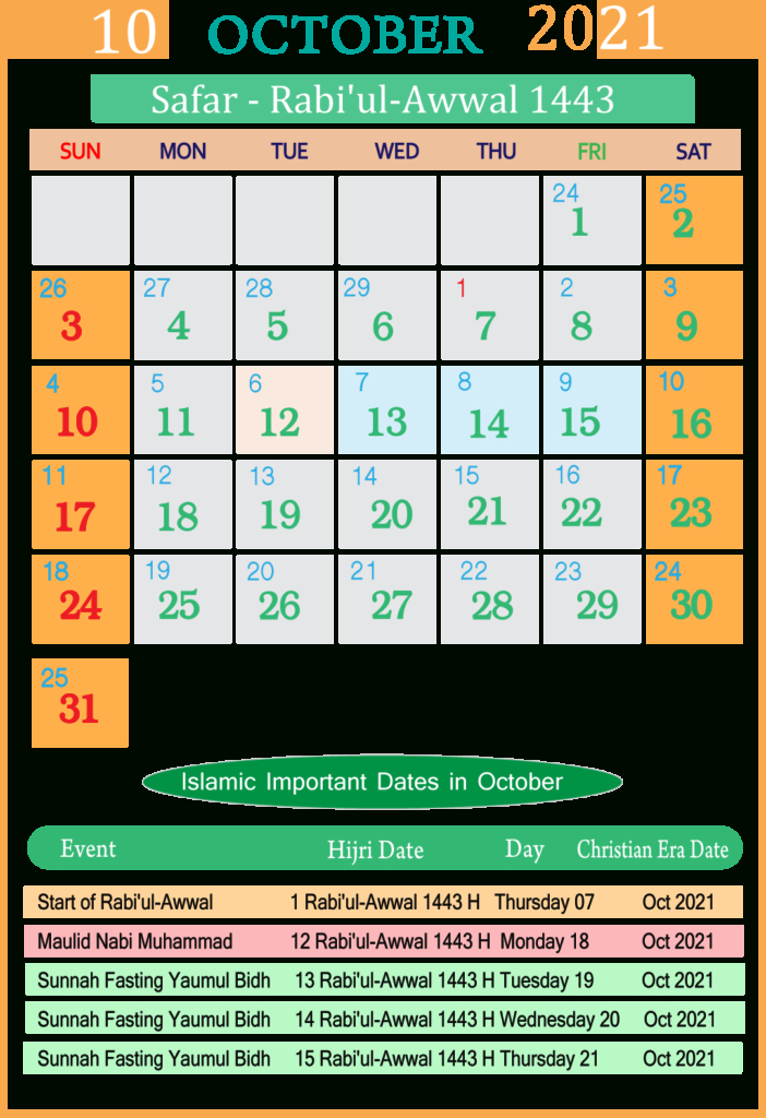 Islamic Calendar 2021 October | Seg inside Start Of Nanakshahi 2022