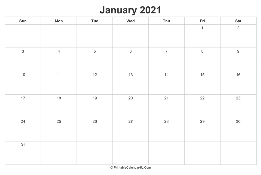 January 2021 Calendar Printable (Landscape Layout) with Free Landscape Architecture Calendar