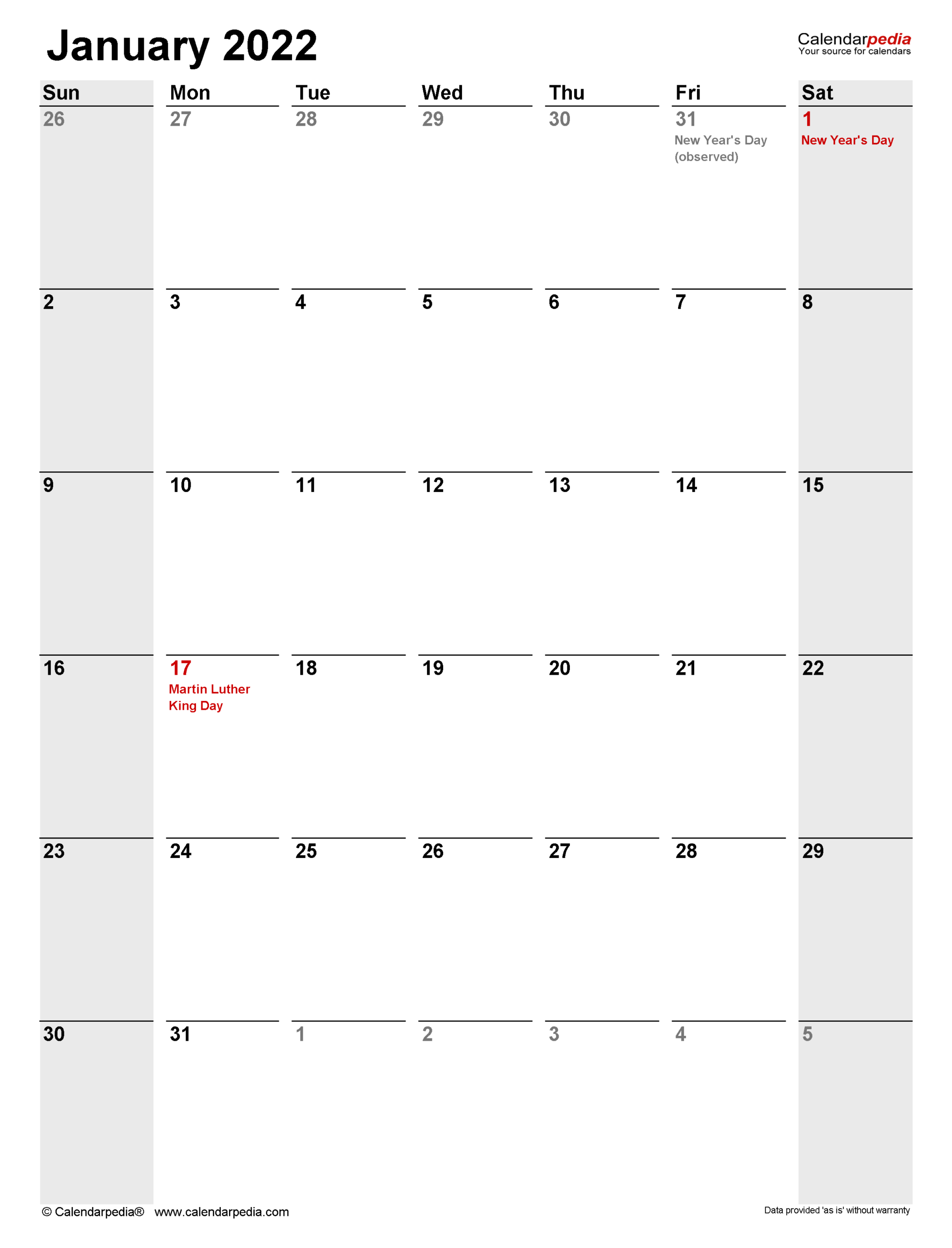 January 2022 Calendar | Templates For Word, Excel And Pdf within Free Portrait Printable Calendars 2022
