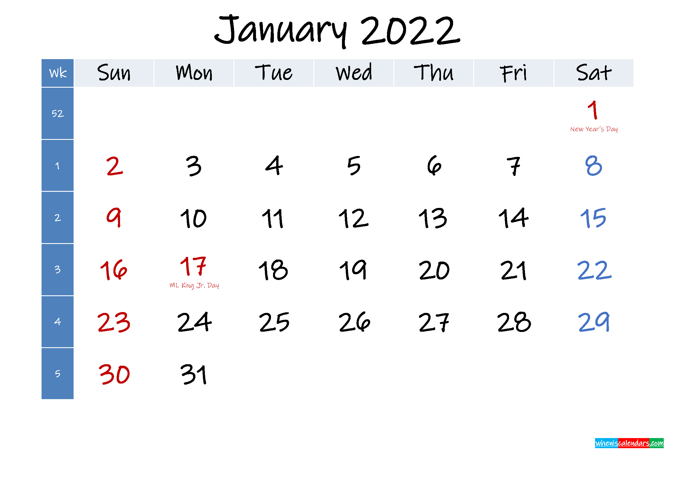 January 2022 Free Printable Calendar With Holidays  Template No.ink22M349 within Free Landscape Architecture Calendar