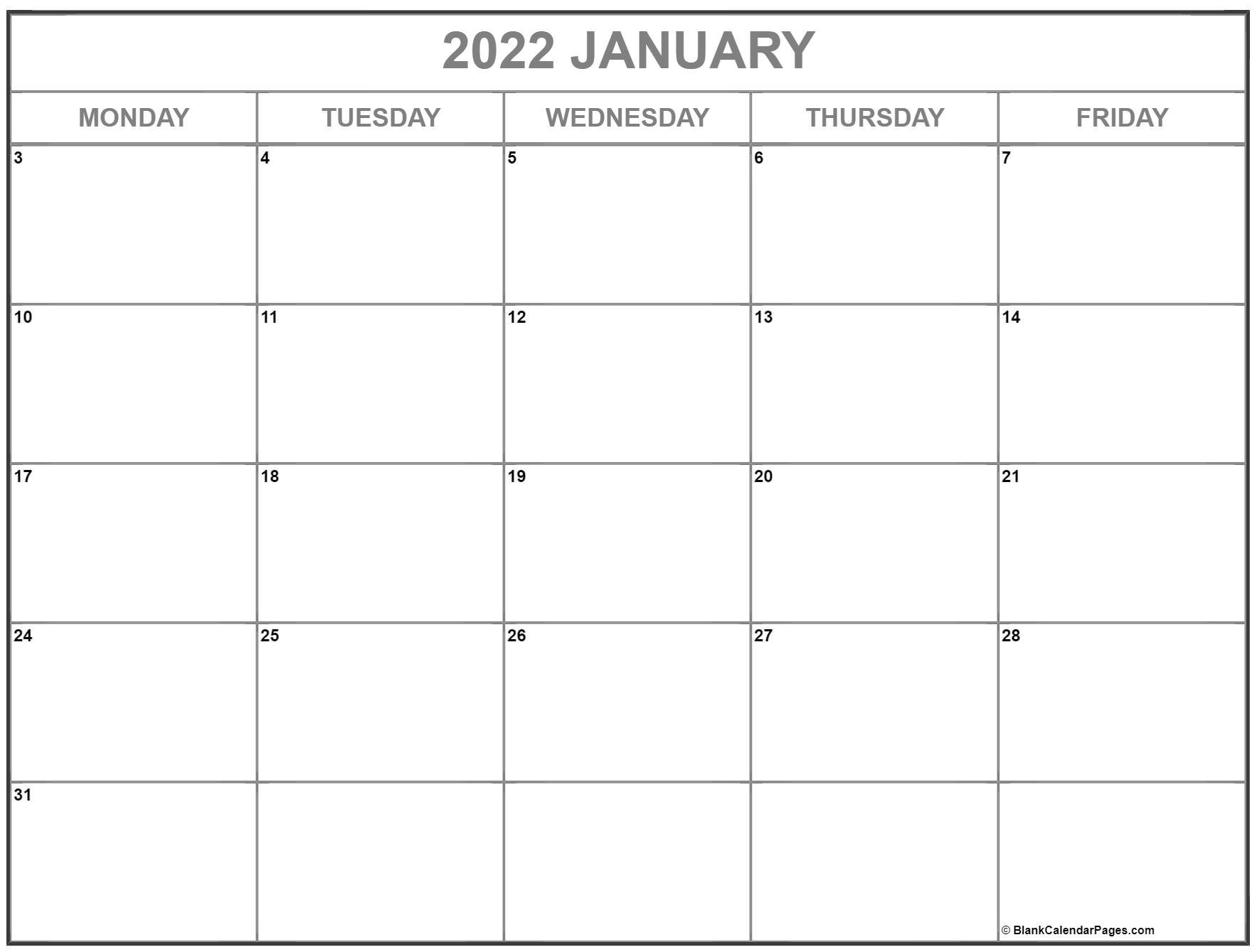 January 2022 Monday Calendar | Monday To Sunday throughout Monday Through Sunday Printable Calendar