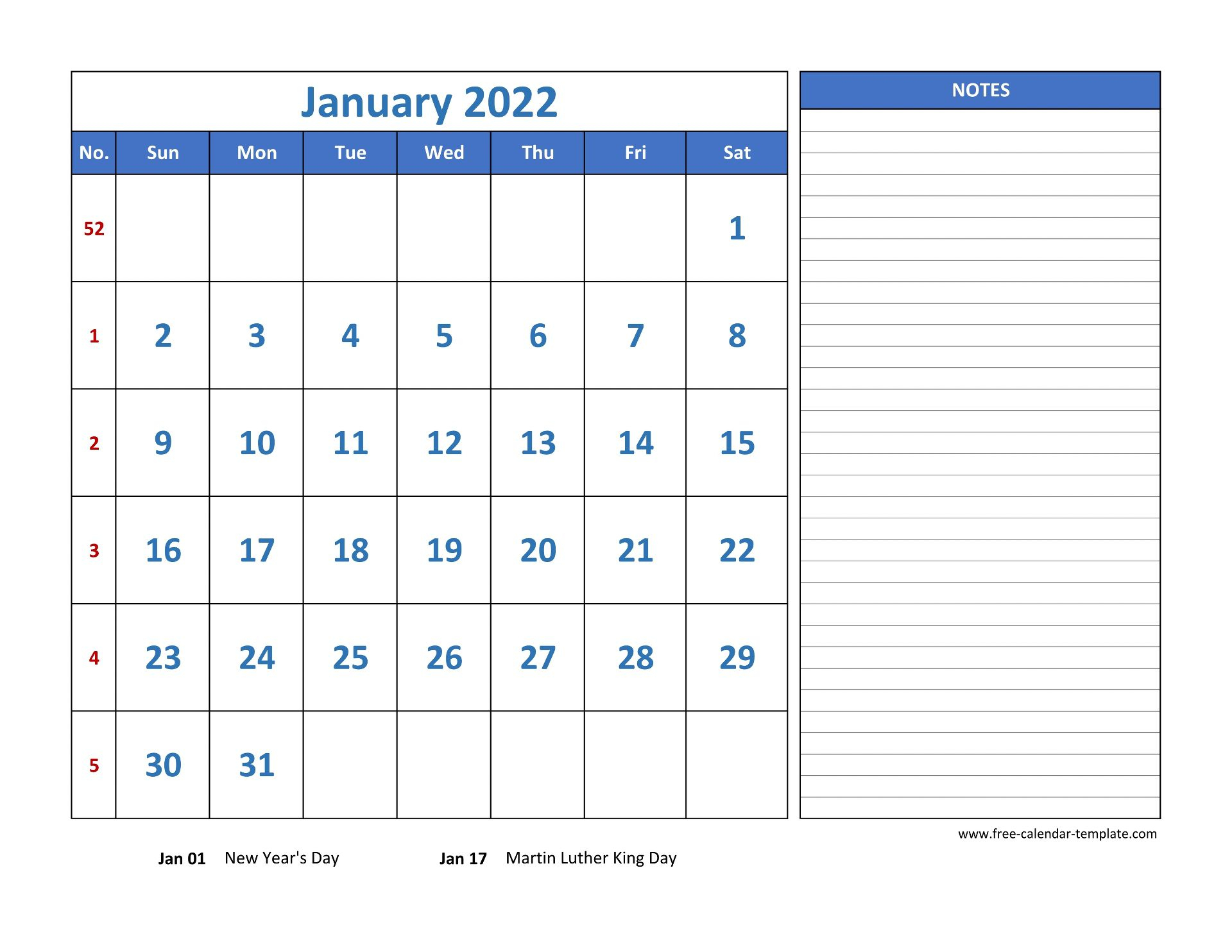 January Calendar 2022 Grid Lines For Holidays And Notes (Horizontal within Free 2022 Monthly Calendars That Are Printable