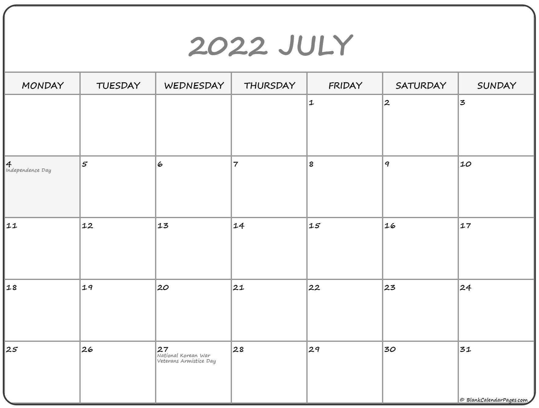 July 2022 Monday Calendar | Monday To Sunday pertaining to Printable May Calendar From Monday To Sunday