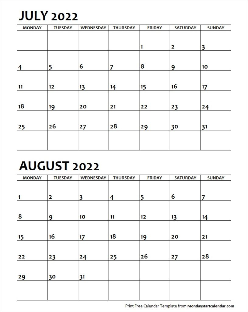 July August 2022 Calendar Monday Start | Editable Two Months Template in Start Of Nanakshahi Calendar 2022