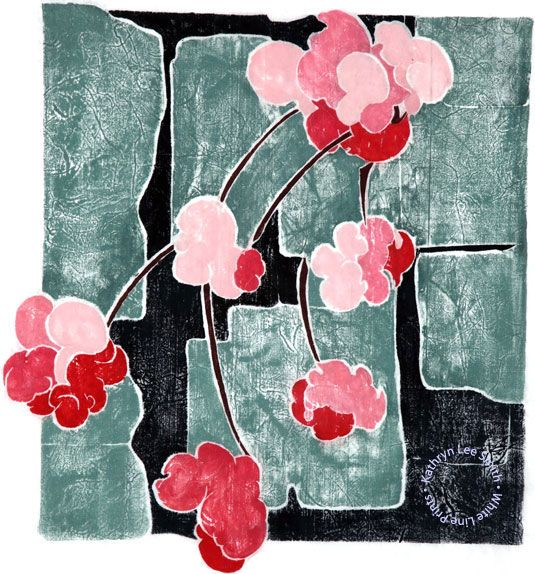 Kathryn Lee Smith, White Line Print, &quot;New Blossoms, Ancient Tile with Kathryn White Botanical Flowers
