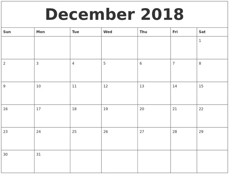 Large Squares Calendar For December 2018 | Blank Calendar Template within Large Square Calender Template