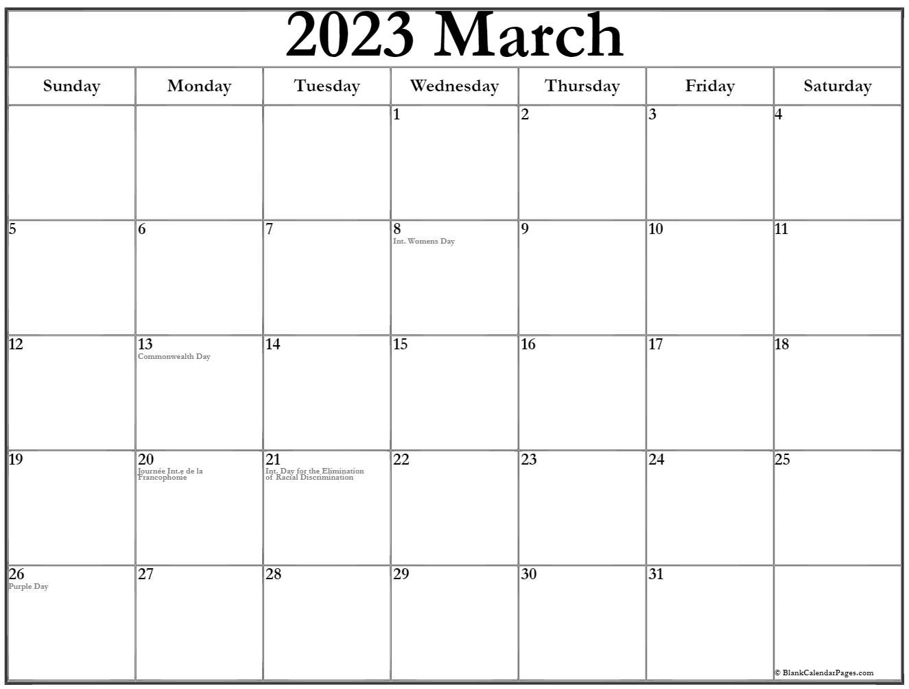 March 2023 Calendar With Holidays intended for March 2023 Calendar Printable