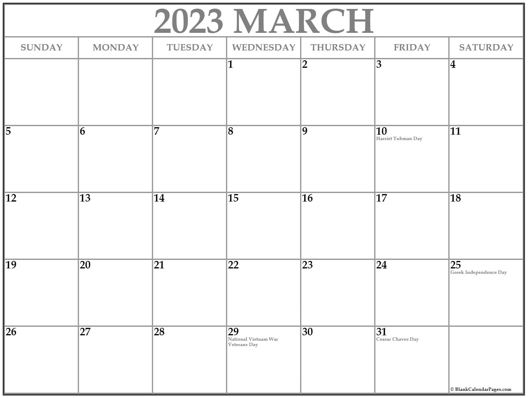 March 2023 Calendar With Holidays throughout March 2023 Calendar Printable Free