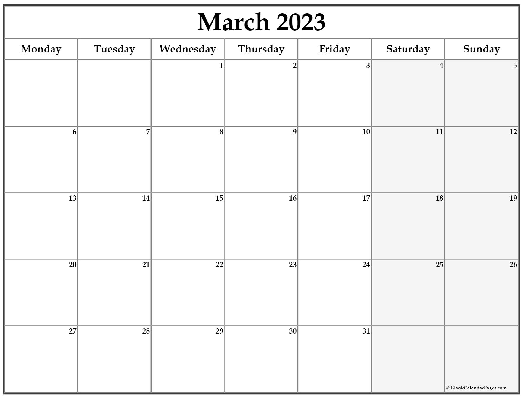 March 2023 Monday Calendar | Monday To Sunday throughout March 2023 Calendar Printable