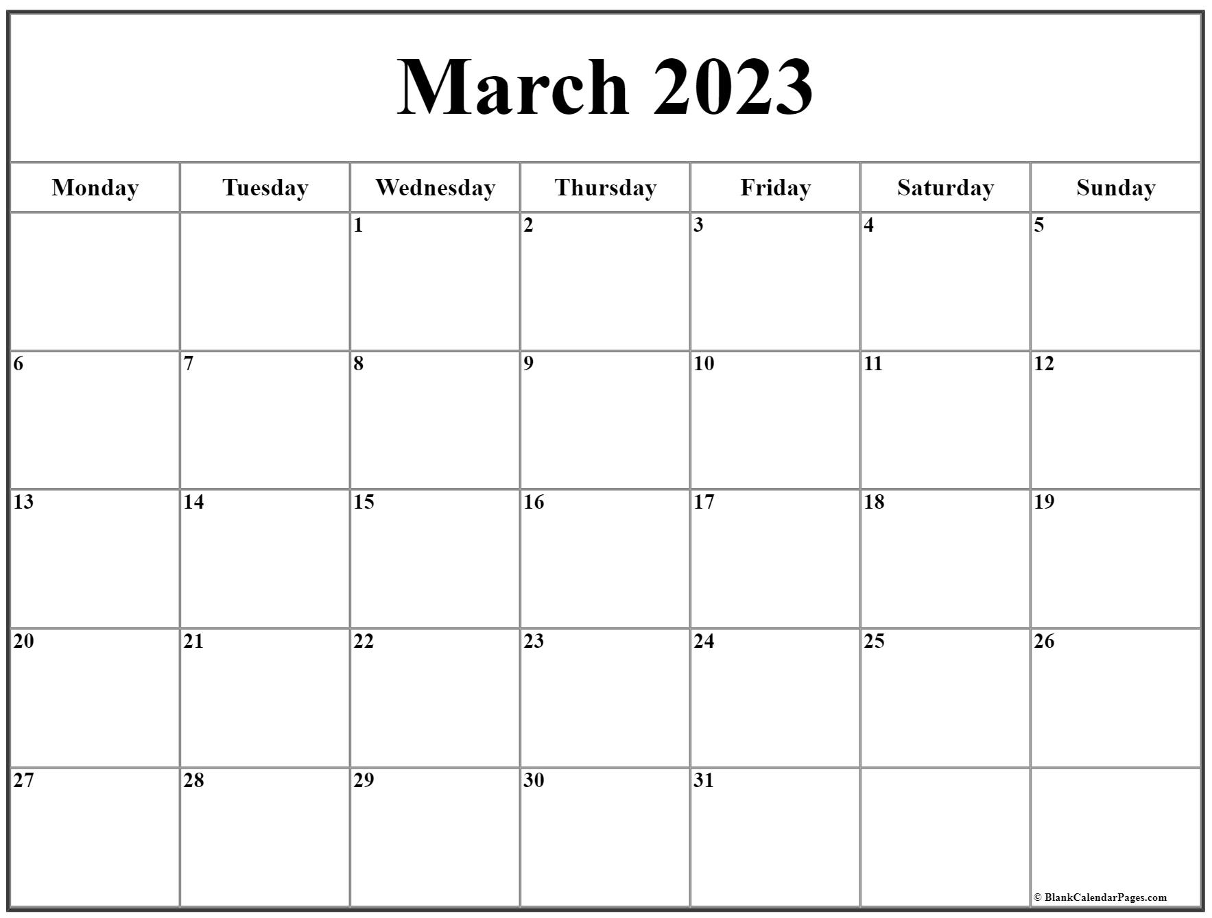 March 2023 Monday Calendar | Monday To Sunday with Calendar March 2023 Printable