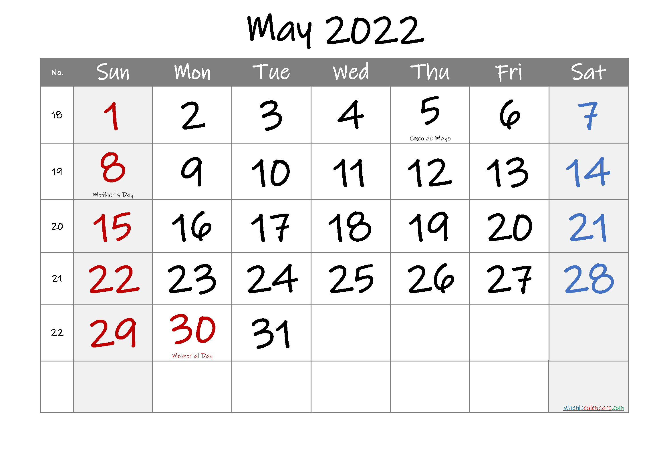 May 2022 Free Printable Calendar With Holidaystemplate No.if22M17 with regard to Free 2022 Monthly Calendars That Are Printable