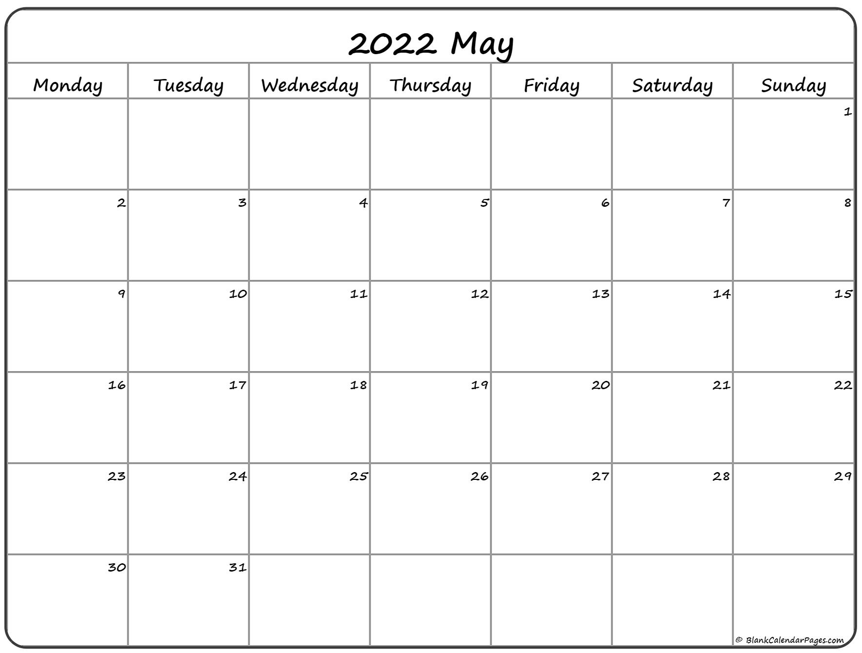 May 2022 Monday Calendar | Monday To Sunday throughout Printable May Calendar From Monday To Sunday