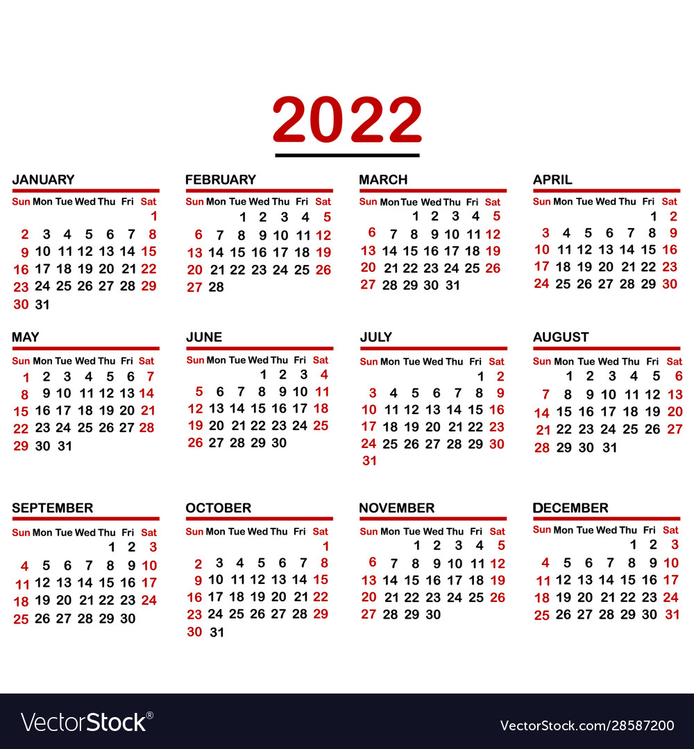 Minimalist Calendar Year 2022 Royalty Free Vector Image for Google Free Calendar 2022