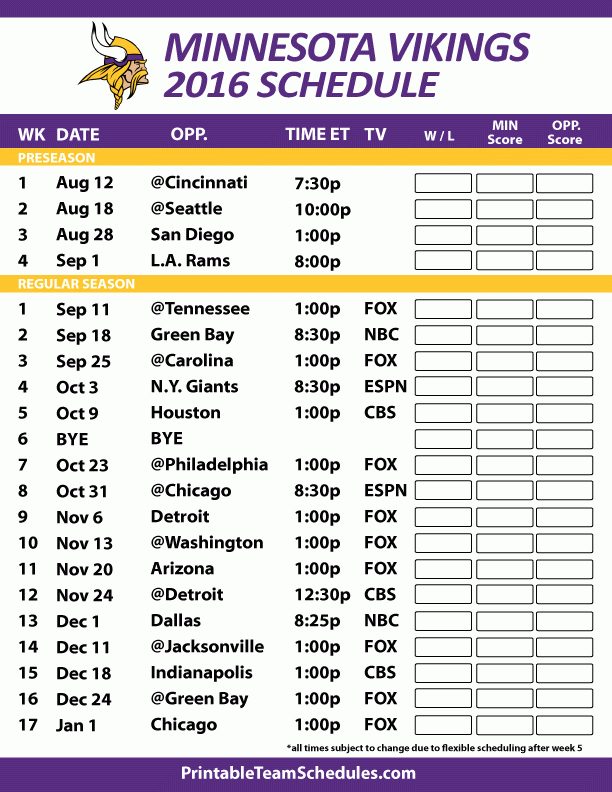 Minnesota Vikings Schedule 2016 | Pittsburgh Steelers Schedule with Nfl Regular Season Schedule Printable