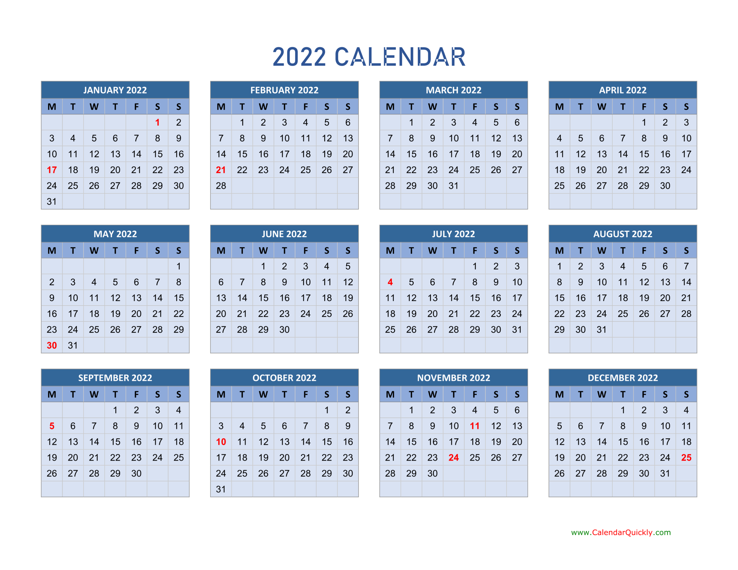 Monday 2022 Calendar Horizontal | Calendar Quickly throughout 2022 Calendar With Weeks