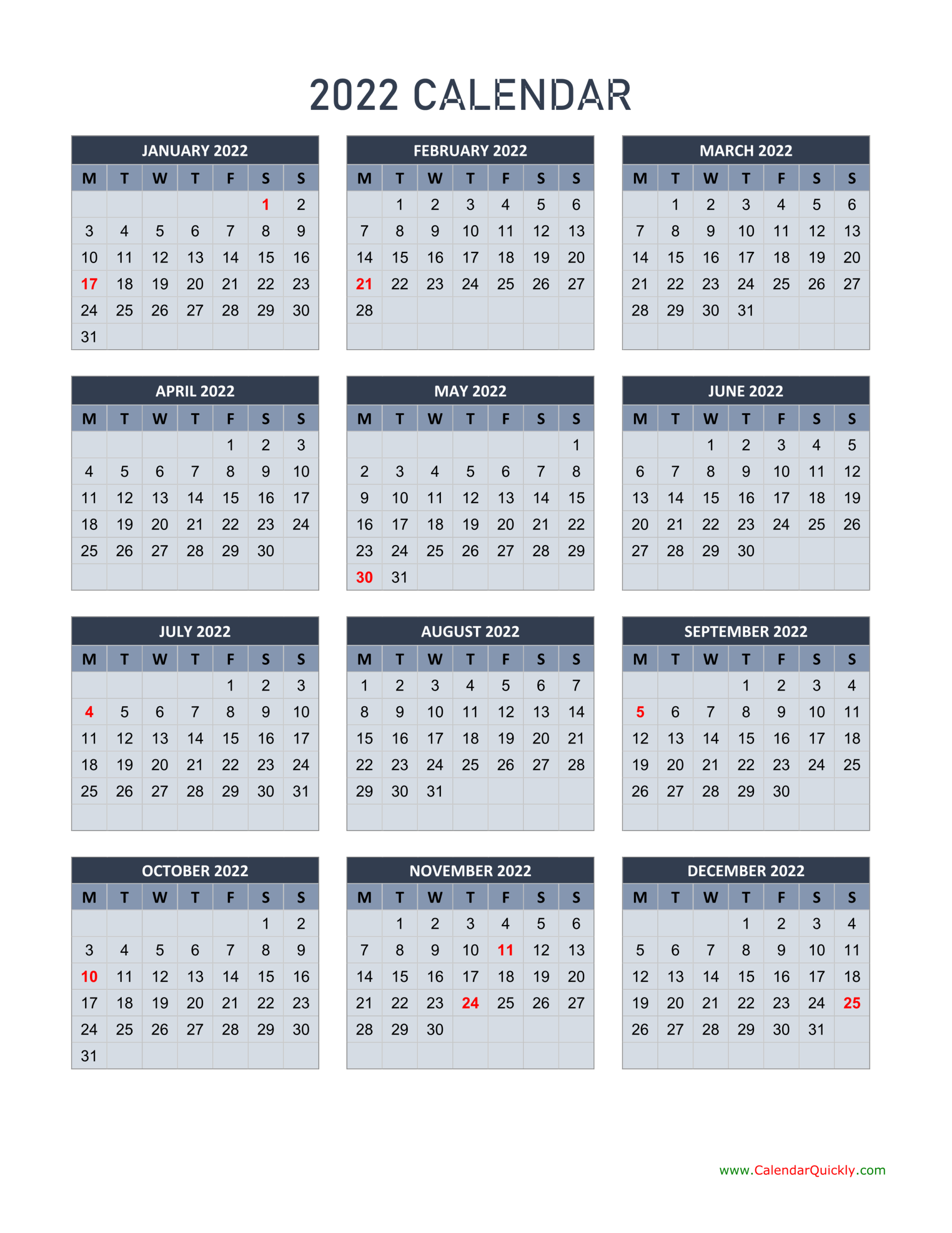 Monday 2022 Calendar Vertical | Calendar Quickly pertaining to Next Year Calendar 2022