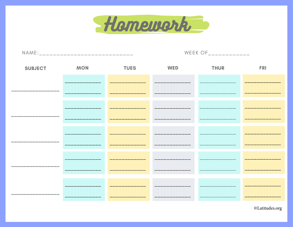 Monday To Friday Homework Chart (Fillable) Acn Latitudes in Schedule Mondy To Friday