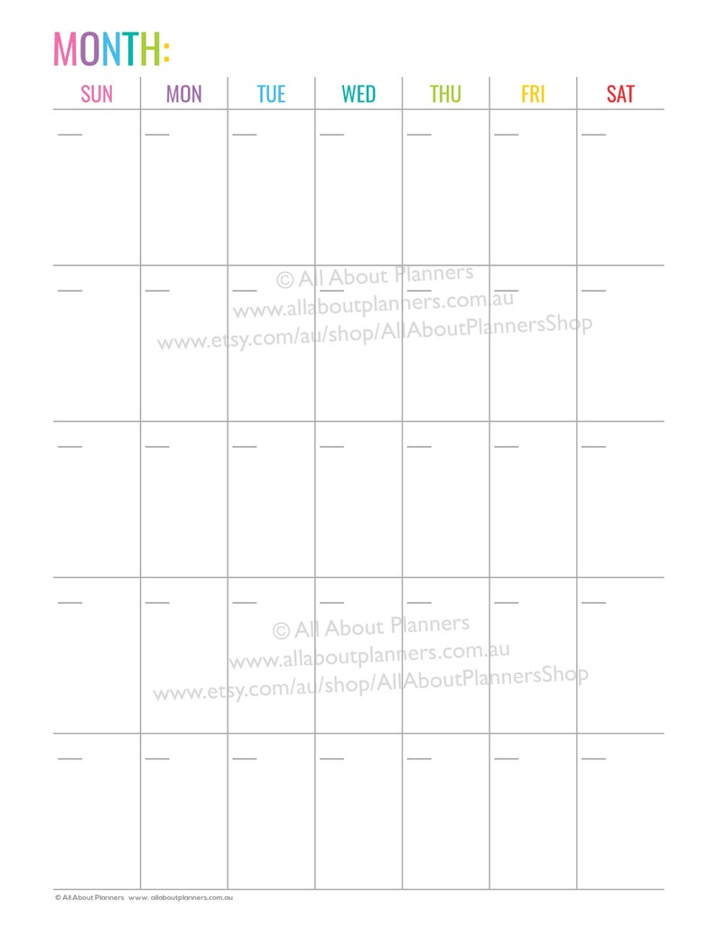 Monthly Calendar Printable 1 Page Monday Sunday Start Rainbow | Etsy pertaining to Printable Calendars Starting With Sunday