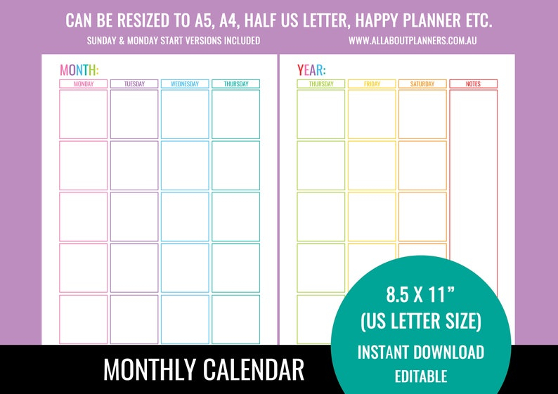 Monthly Calendar Printable 2 Pages Editable Fillable Pdf Goals | Etsy within Two Page Printable Monthly Calendar Pdf Free 8.5X11