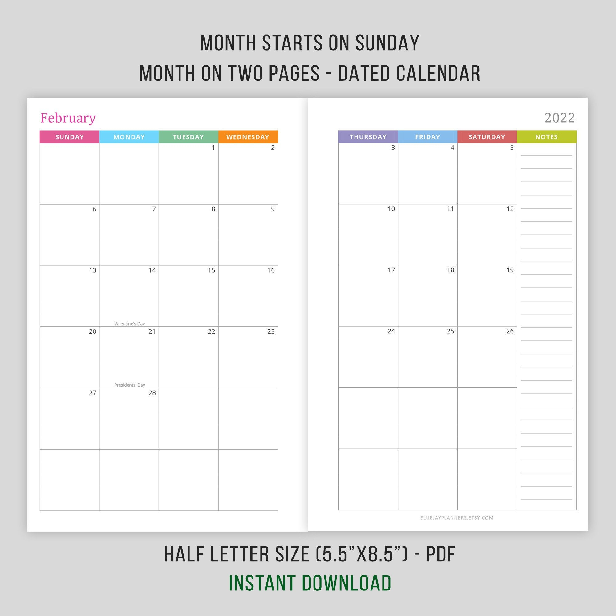 Monthly Planner 2022 Printable Planner Inserts Mo2P Dated | Etsy regarding Half Size Monthly Printable Calendar