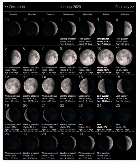 Moon Calendar January 2020 | Moon Phase Calendar, Moon Calendar, Moon for Full Moon Calendar 2022 Printable