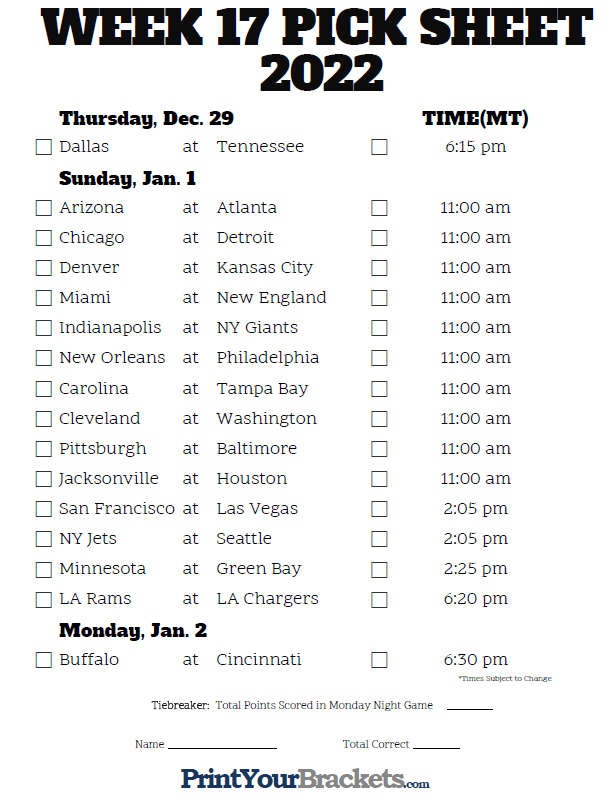 Mountain Time Week 17 Nfl Schedule 2020 Printable for Free Printable Weekly Football Schedules