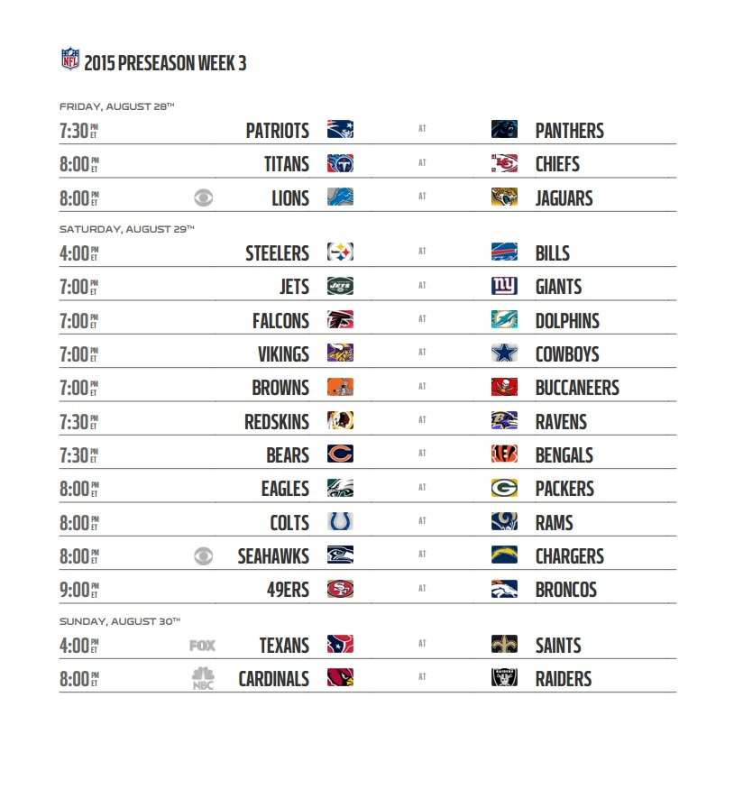 Nfl Preseason 2015 Schedule with Free Printable Weekly Football Schedules